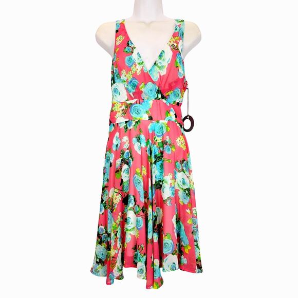 Eva Franco Fit & Flare Floral Dress Sleeveless V-Neck Pink Blue Womens Sz 4 NWT - Picture 1 of 8